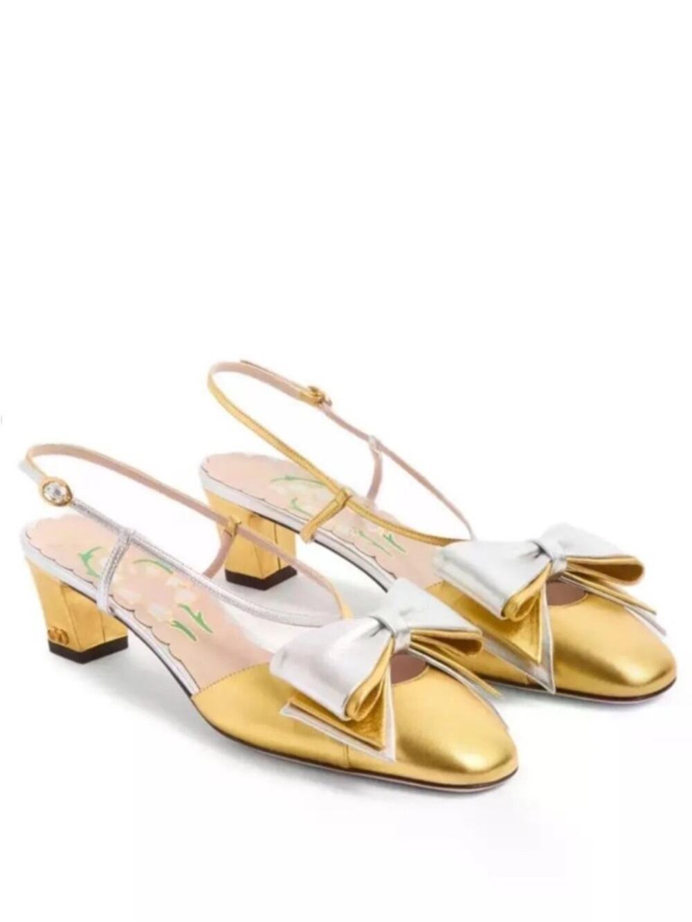 Valentino Garavani Bowow 45 Slingback Bow Kitten Heels Gold Silver-39.5 (US 9.5)